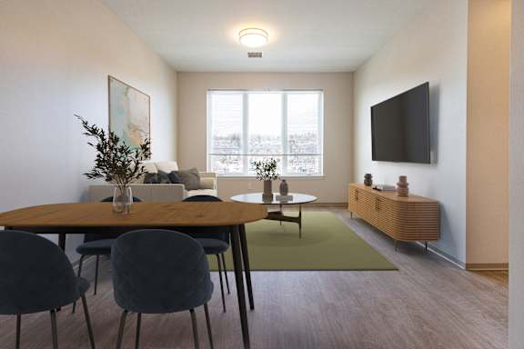 A modern dining room with a wooden table and chairs at 35 Broadway, Menands, NY.