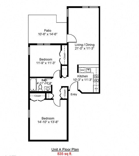 2 Bedroom, 1 Bathroom Floor Plan at Mariner&#x27;s Hill Apartments, Marshfield, MA