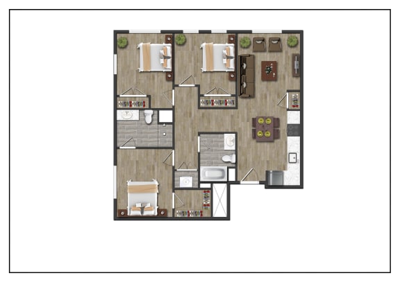 Floor Plan  Three Bedroom Two Bathroom Floorplan Layout of North Square At The Mill District, Amherst, MA.