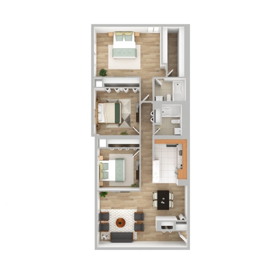 Three bedroom two bath floor plan at Highland Plaza Apartments, Pittsburgh, PA, 15206