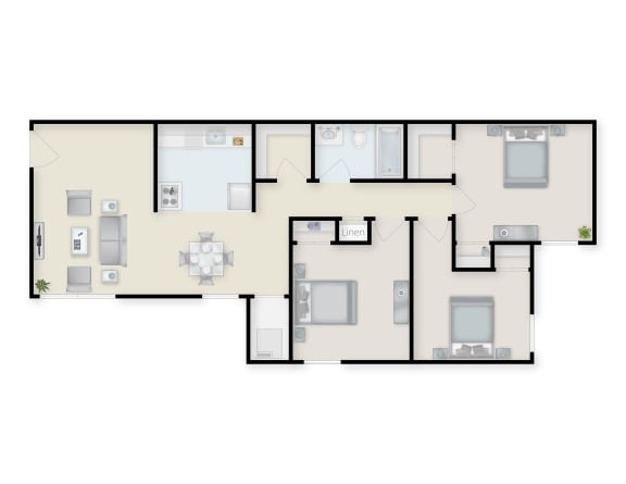 Floor Plan  Three Bedroom One Bath Floor Plan at The Belt Atlantic Apartments, Richmond, 23224