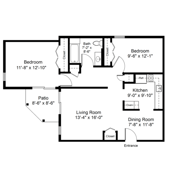 Floor Plan  Two Bedroom One Bathroom Floorplan at Blue Hills Village, Canton, MA