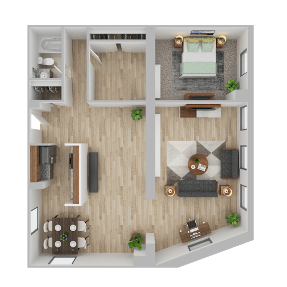One Bedroom One Bathroom Staged Floor Plan at Brewery Square Apartments, New Haven