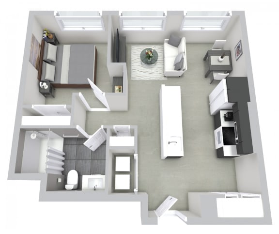 a floor plan of a one bedroom apartment with a bathroom and a living room with a couch