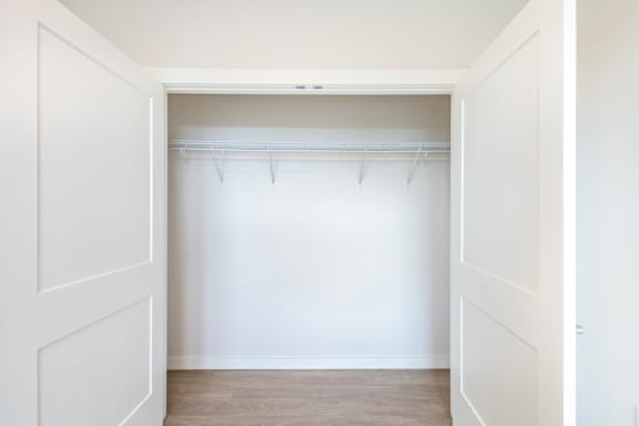 A white closet with a wooden floor and a white door.