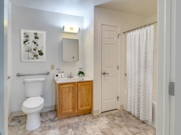 a bathroom with a toilet sink and a shower at Chambers Senior Housing Apartments, Kingston, NY