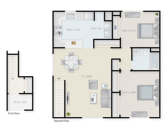 Two Bedroom  One Bathroom Floor Plan in 3D at Creekwood Apartments, New York