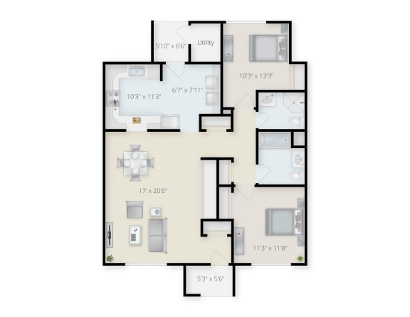 Two Bedroom  Two Bathroom Floor Plan at Creekwood Apartments, Watertown