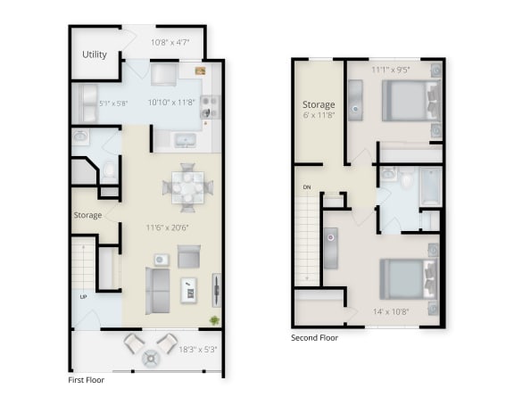 Creekwood Apartments Two Bedroom One Bathroom Townhome Floorplan at Creekwood Apartments, Watertown, NY