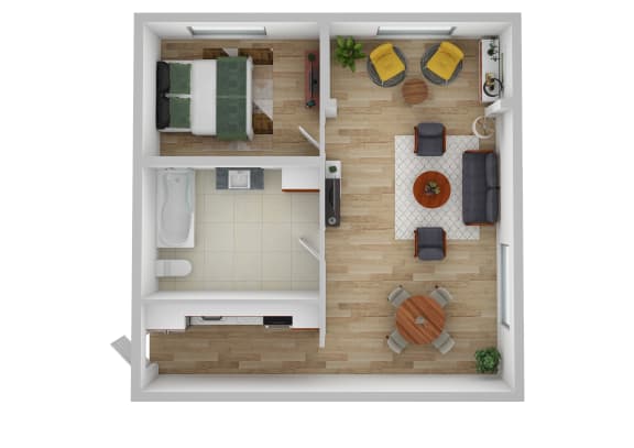 One Bedroom One Bathroom Staged Floor Plan.