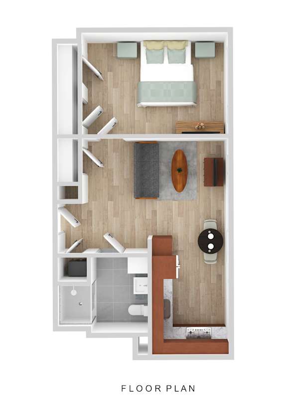 A top-down view of a small apartment with a kitchen, living room, and bedroom.