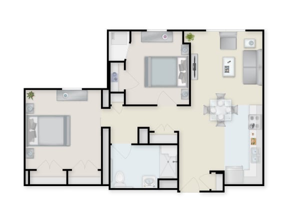 Two Bedroom One Bath Floor Plan at Highpoint Towers Apartments, Erie, Pennsylvania