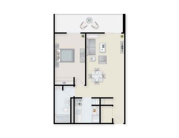 One Bedroom Staged Floor Plan With Patio.