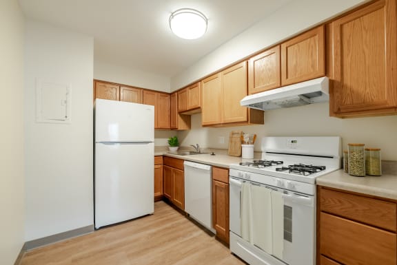 Fully Applianced Kitchen with Wood Cabinets.