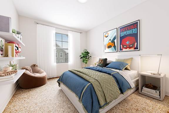 a bedroom with a bed and two windows at Niagara Square, New York, 14201