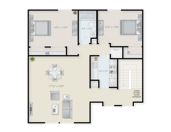 Two Bedroom Floor Plan Layout on The Second Floor.