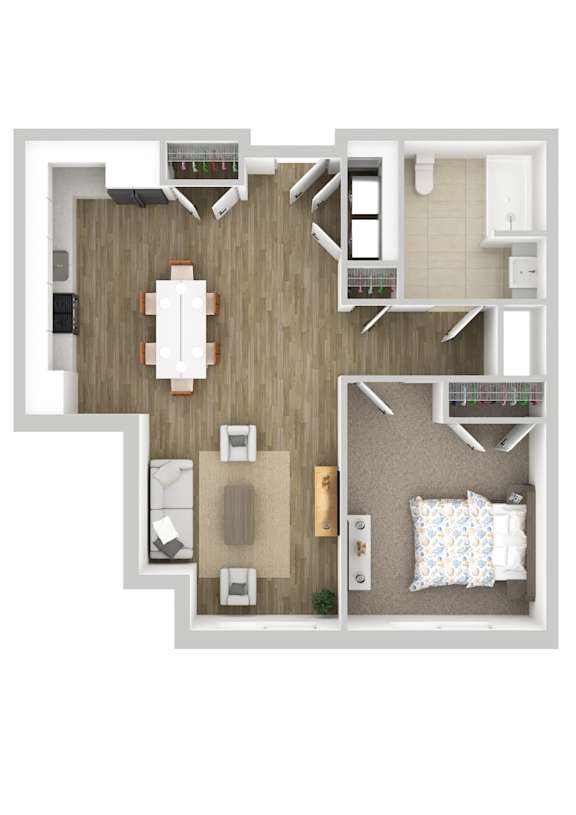 A top-down view of a small apartment with a kitchen, living room, and bedroom.