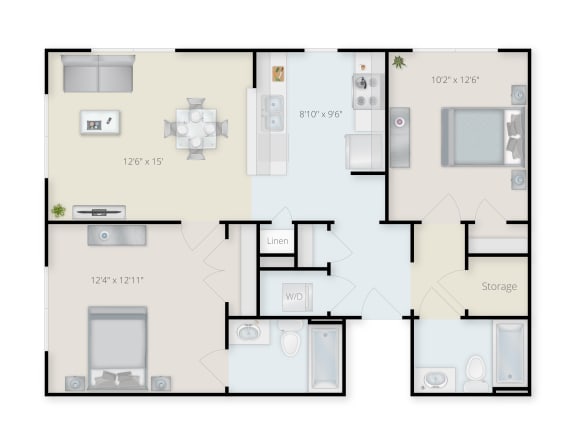Two Bedroom Two Bath Floor Plan. at Niagara Square, Buffalo, NY, 14201