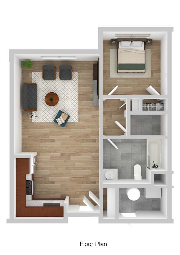 A floor plan of a small apartment with a kitchen, living room, and bathroom.