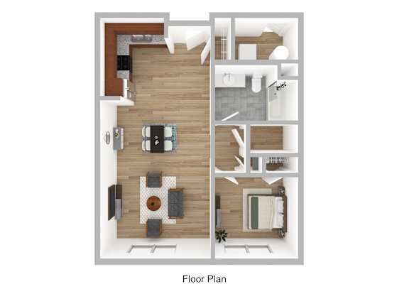 A floor plan of a house with a kitchen, living room, and two bedrooms.