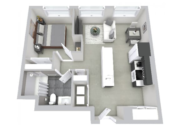 1 bed 1 bath floor plan at Beverly Village for Living & the Arts Apartments, Massachusetts, 01915