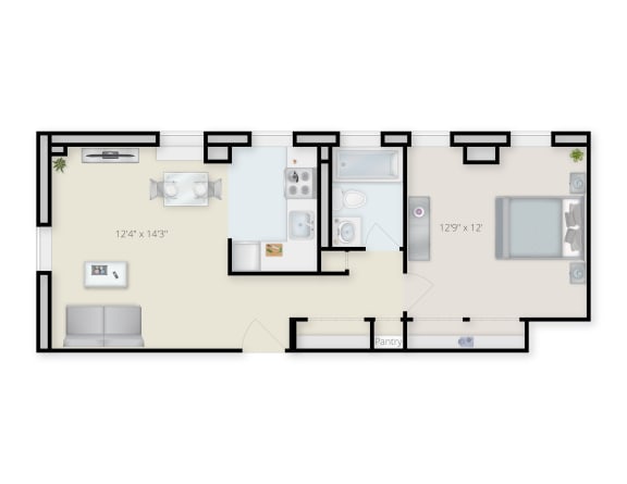 One Bedroom Staged Floor Plan.
