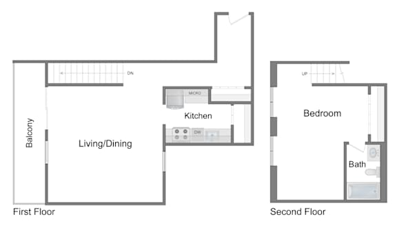 A floor plan of a two-story home with a living/dining area, kitchen, bathroom, and bedroom.