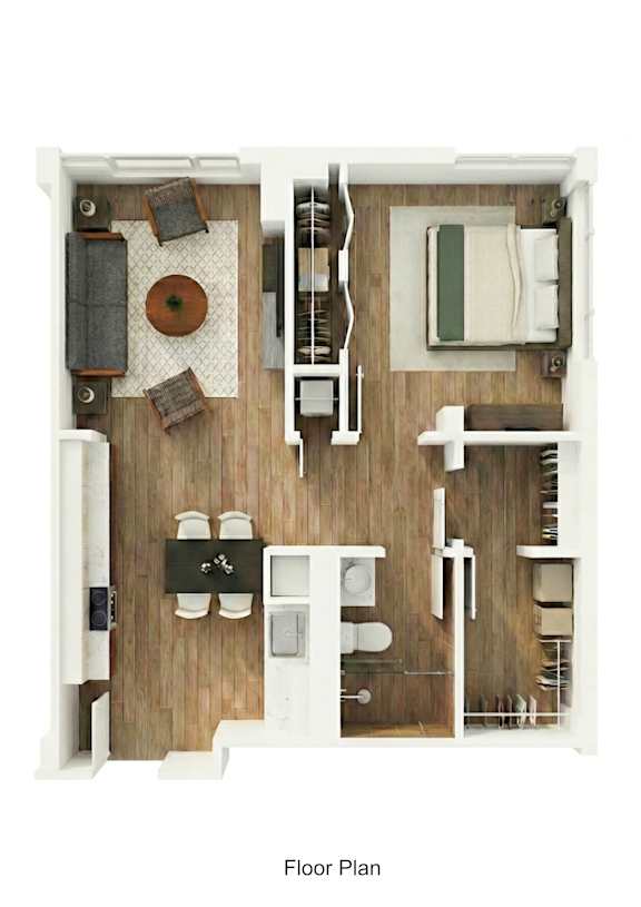 A floor plan of a small apartment with a kitchen, living room, and bathroom.