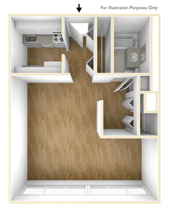 Studio apartment with 1 bath and kitchen