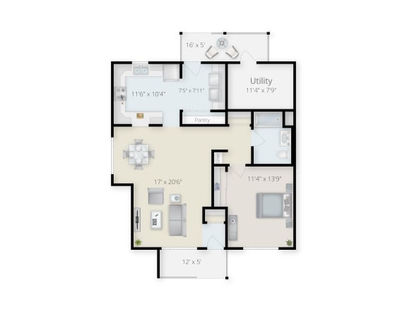 One Bedroom One Bathroom Floor Plan  at Summit Wood Apartments, New York, 13601