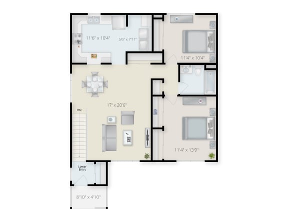 Two Bedroom One Bathroom Floor Plan  at Summit Wood Apartments, Watertown, 13601