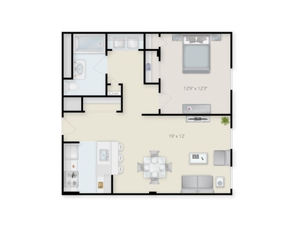 One Bedroom One Bathroom Staged Floor Plan at Ninth Square Apartments, New Haven