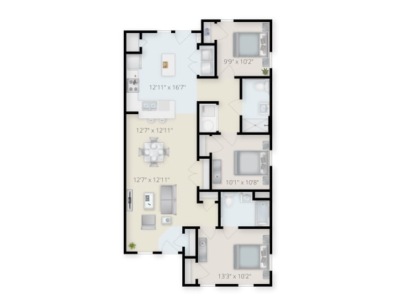 Floor Plan  Three Bedroom Two Bathroom Apartment A.at Waterfront Apartments, New York