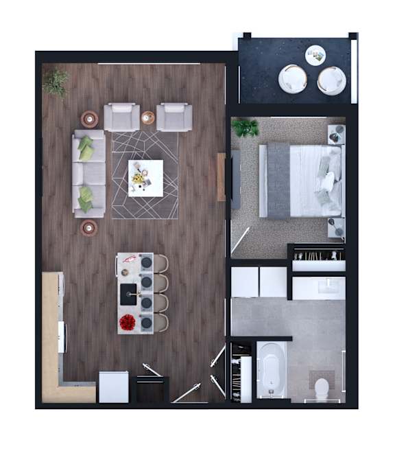 A top down view of a modern kitchen and dining area.