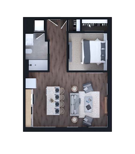 A top-down view of a room with a bed, a couch, and a dining table.