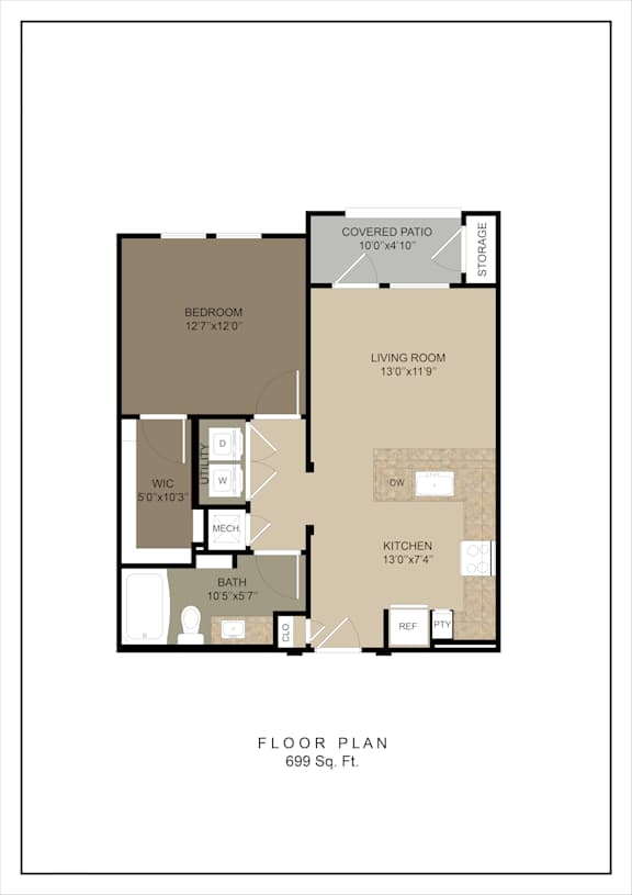 A floor plan of a house with a bedroom, living room, kitchen, bathroom, and a covered patio.