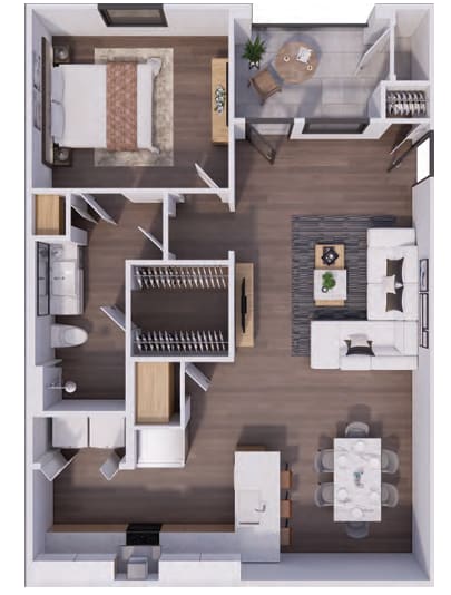 A top-down view of a modern apartment layout.