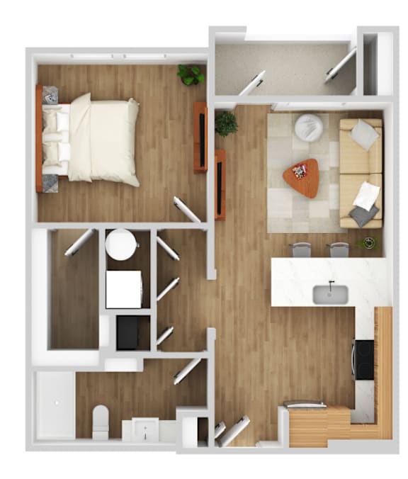 A top-down view of a modern apartment layout with a kitchen, living room, and bedroom.