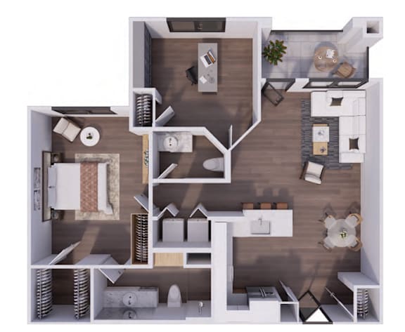A top-down view of a house layout with a kitchen, living room, and bedrooms.