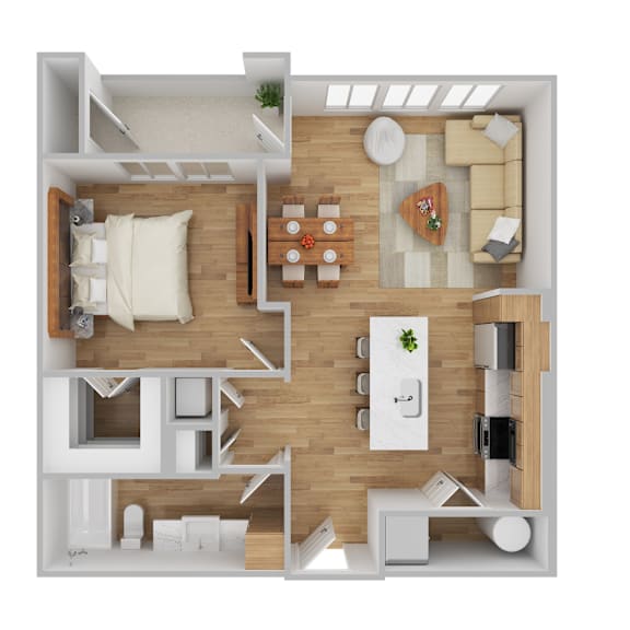 A floor plan of a 738 square foot home with a living room, bedroom, bathroom, utility, and storage area.