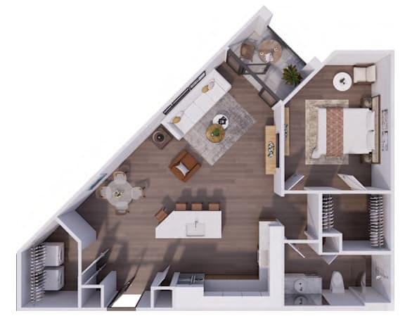 A 3D floor plan of a house with a kitchen, living room, and bathroom.