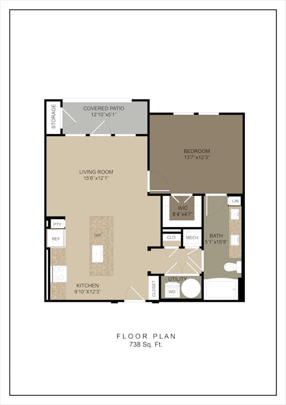 A floor plan of a 738 square foot home with a living room, kitchen, bedroom, and bathroom.