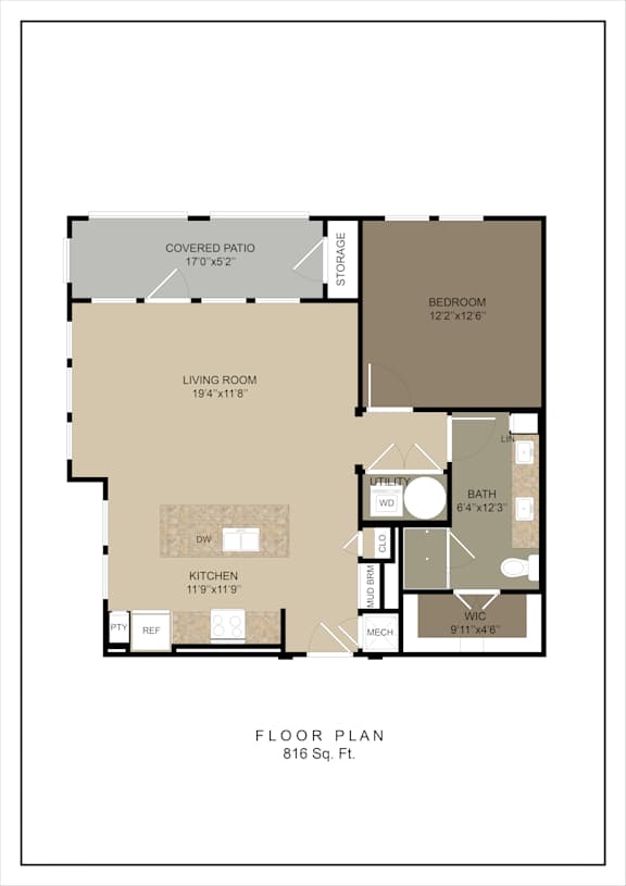 A floor plan of a 816 square foot home with a living room, kitchen, bedroom, and bathroom.