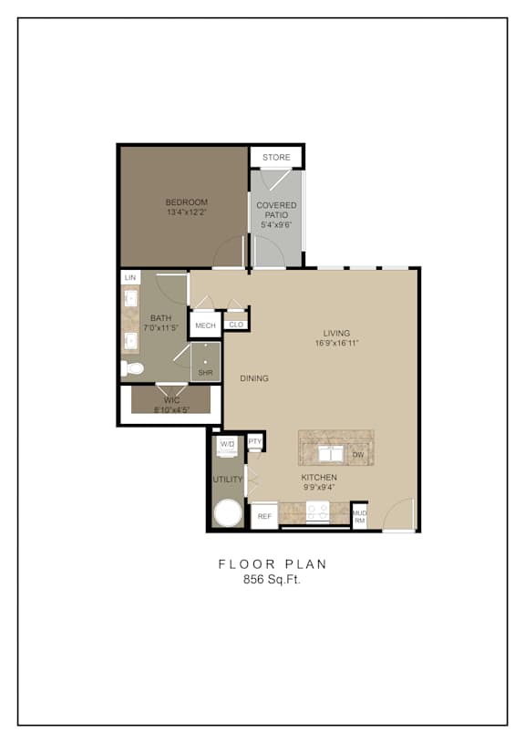 A floor plan of a 856 square feet home with a living room, dining room, kitchen, bedroom, and bathroom.