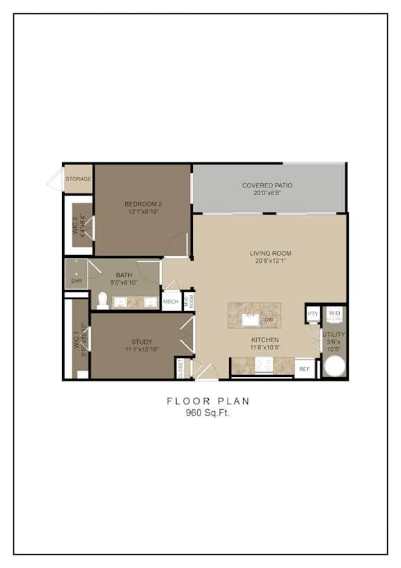 A floor plan of a house with a living room, kitchen, study, and two bedrooms.
