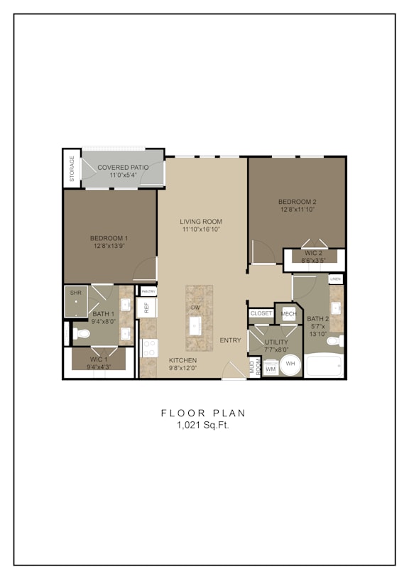 A floor plan of a house with two bedrooms, a living room, a kitchen, a bathroom, and a utility area.