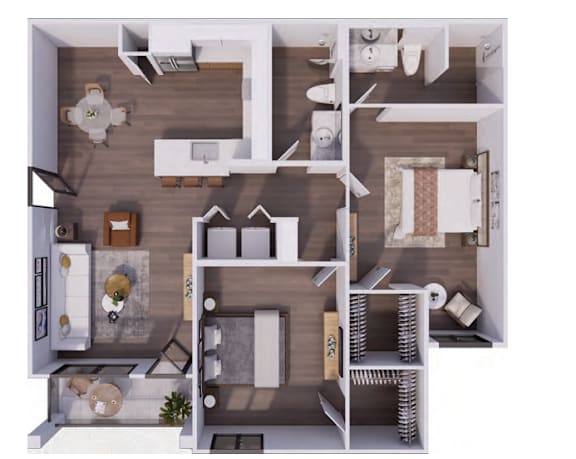 A top-down view of a small apartment with a kitchen, living room, and bedroom.