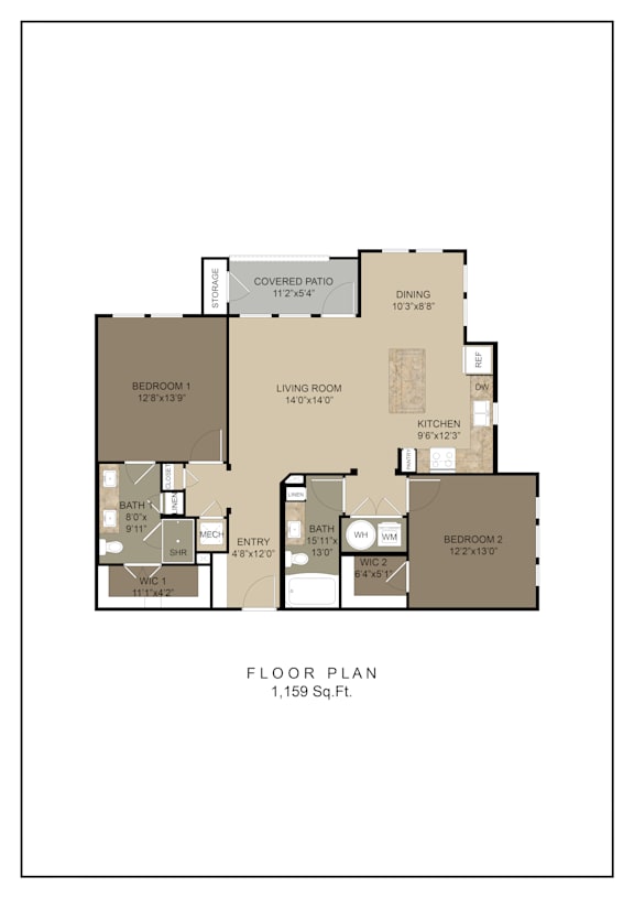 A floor plan of a house with a living room, dining room, kitchen, two bedrooms, and a bathroom.