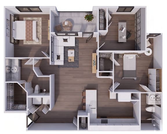 A top-down view of a house layout with a kitchen, living room, and bedrooms.