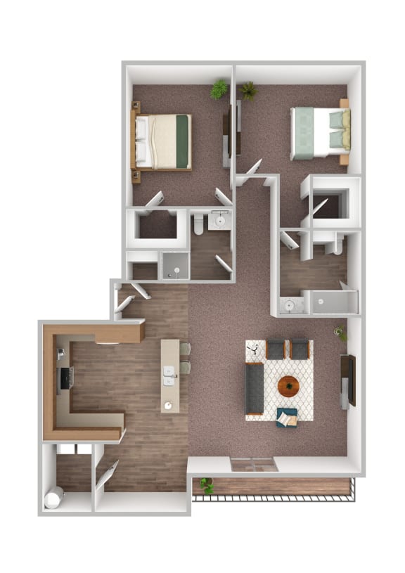 a stylized floor plan with a bedroom and living room